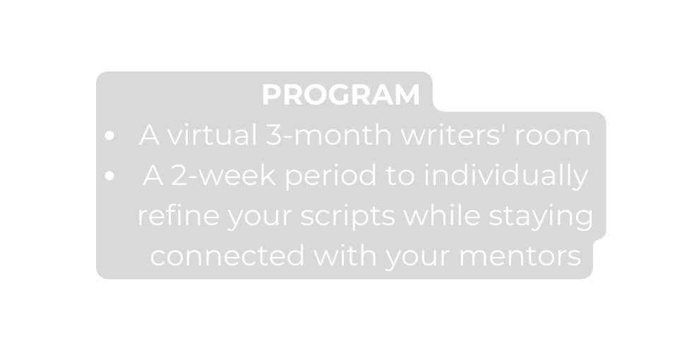 PROGRAM A virtual 3 month writers room A 2 week period to individually refine your scripts while staying connected with your mentors